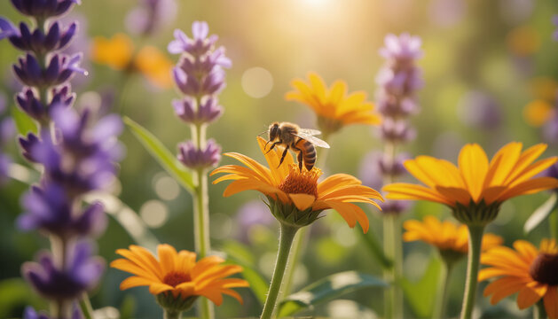 Honey Bee on Orange Daisy – Purple Lavender and Yellow Flowers in Garden Setting for Nature Photography, Pollination Education, and Environmental Conservation Awareness - Powered by Adobe