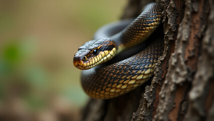 Fototapeta premium Close-up of a beautiful snake coiled around a tree trunk