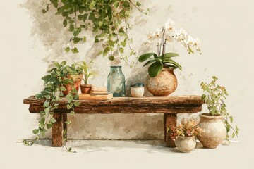 Watercolor rendering of plants on a rustic wooden bench