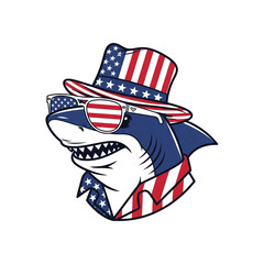Patriotic Shark Wearing Sunglasses Hat and Shirt American Flag Design