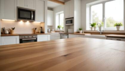 Fototapeta premium Modern Wooden Kitchen Countertop - Oak Surface with White Cabinetry and Natural Light for Interior Design Inspiration, Home Renovation Projects, and Culinary Workspace Presentations