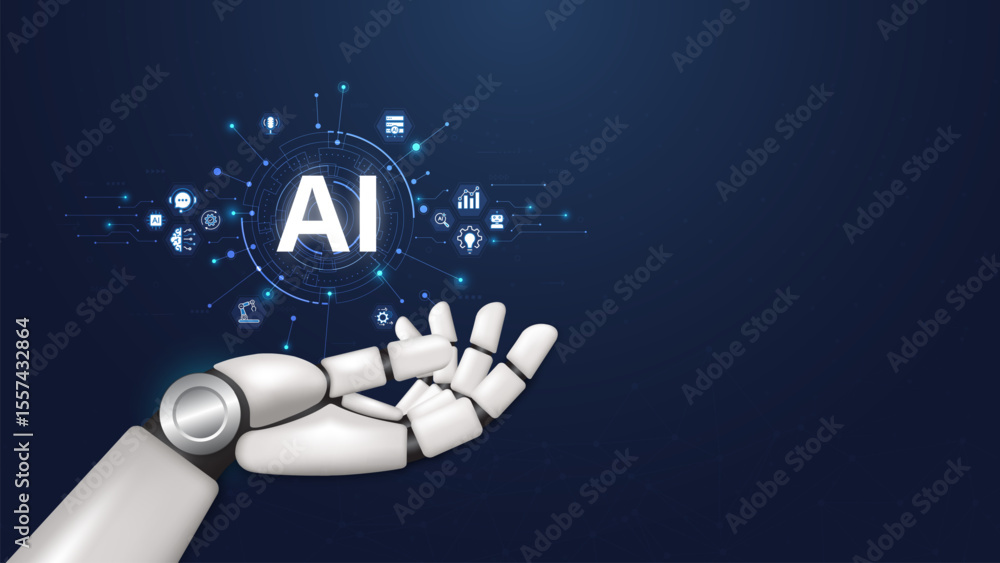 Poster 3D A futuristic robotic hand holding an AI text. Future cybernetic artificial intelligence, innovation and Machine learning. Big data and deep learning technology concept. Vector illustration.