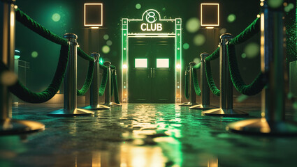 Vibrant nightclub entrance with velvet rope barriers and green and gold neon lighting atmosphere