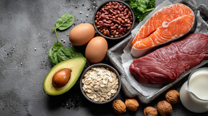 Overhead image of high-protein natural food items on a grey surface