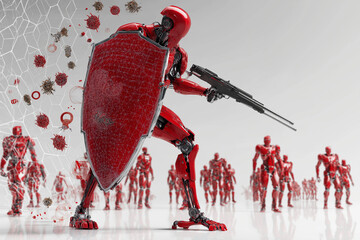 Cyber defense AI. Digital matrix secured by AI defense system technology.