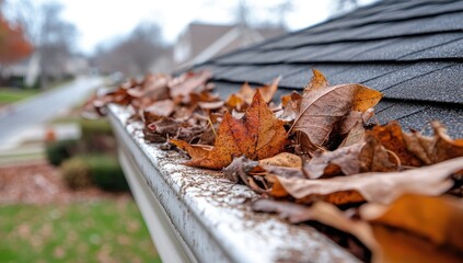 Fallen autumn leaves clog a home's gutter