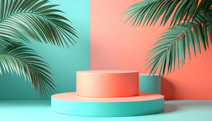 Geometric shapes with tropical leaves on colorful backdrop