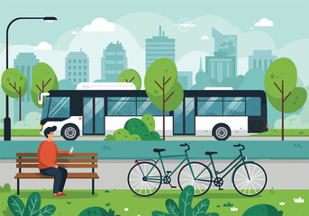 Man using phone on park bench, bicycles parked nearby, city bus in background.