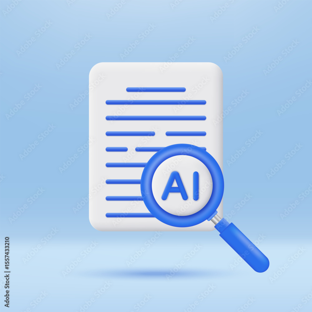 Poster 3D Document with Magnifying Glass and AI icon. Shows the use of AI technology to search. Artificial intelligence technology Concept. Minimalist cartoon icon.Trendy and modern vector in 3d style.