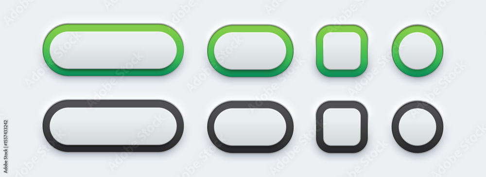 Poster 3D white plastic rectangle button with neon light isolated on background. Elegant neumorphic buttons. Element for website, mobile app and navigation. Neumorphism design style. Vector illustration.