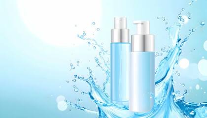 Cosmetic containers with water splash background in blue tones