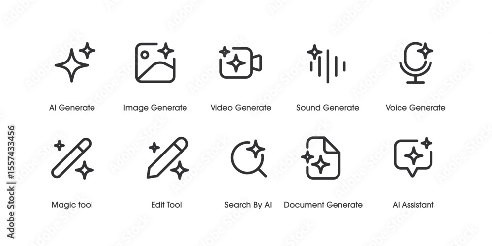 Aufkleber Set of Generative AI user interface. AI star with media icon. AI logotype. Artificial intelligence technology concept. Icon Element for website, mobile app. Vector illustration. Editable stroke.