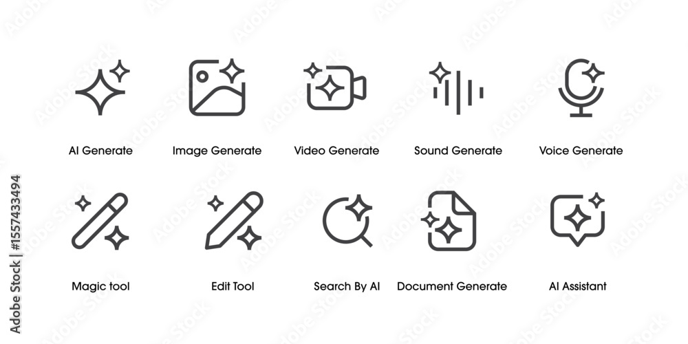 Aufkleber Set of Generative AI user interface. AI star with media icon. AI logotype. Artificial intelligence technology concept. Icon Element for website, mobile app. Vector illustration. Editable stroke.