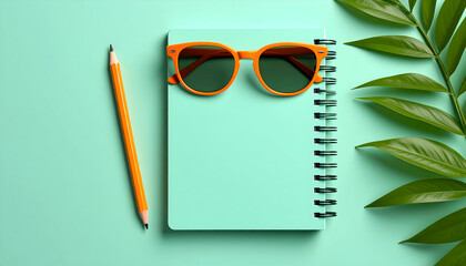Colorful stationery with sunglasses on a teal background