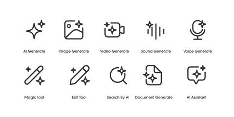 Set of Generative AI user interface. AI star with media icon. AI logotype. Artificial intelligence technology concept. Icon Element for website, mobile app. Vector illustration. Editable stroke.