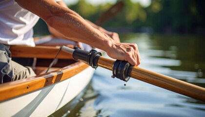 Senior Man Rowing Boat On A Sunny Lake