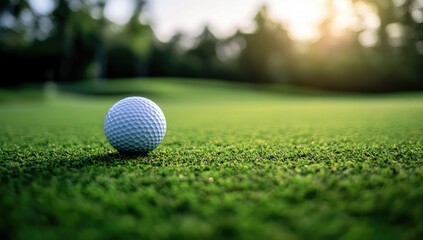 Obraz premium Golf ball on a vibrant green putting green, sunlit