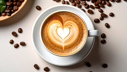 Coffee cup with latte art and scattered coffee beans