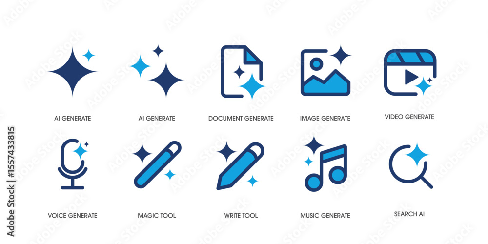 Aufkleber Set of Generative AI user interface. AI star with media icon. AI tool. Artificial intelligence technology concept. Icon Element for website, mobile app. Vector illustration.