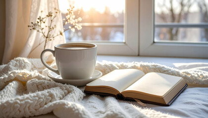 Cozy scene with coffee and open book by the window at sunrise
