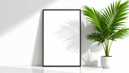 Framed blank canvas near tropical plant on white background