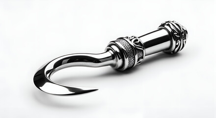 A pirate hook prop with shiny metal finish, placed on white background