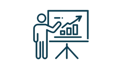 Business presentation icon with figure pointing at rising bar chart and upward trend arrow on flipchart stand, symbolizing growth, training, analytics, strategy, performance improvement