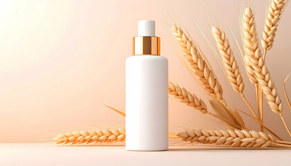 White bottle with golden cap next to wheat stalks on light background