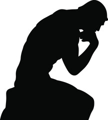 Silhouette of thinker statue, deep thought, sitting man, intellectual pose, philosophy concept, reflective figure, mental focus, classic art, sculpture, inspiration