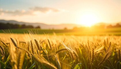 Golden wheat field at sunset with distant hills and vibrant sky