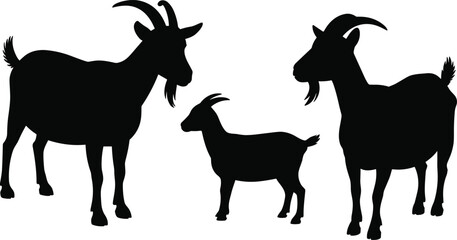 Silhouette of three goats family standing together, black goat illustration, farm countryside livestock animal artwork, grazing nature peaceful rural graphic.
