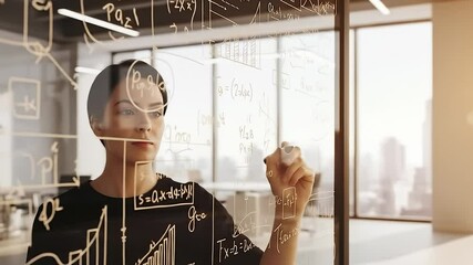 focused professional woman writes complex mathematical formulas and graphs on a clear glass whiteboard in a modern office. - Powered by Adobe