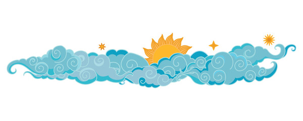 Tibetan sky. Blue Asian cloud with moon, sun and stars. Japanese Korean Chinese cloud style. Asian traditional ornaments. Border pattern. Vector illustration