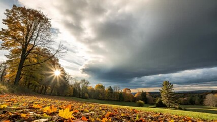 Autumn landscape with trees, clouds, and a scenic view of the mountains 4k video footage 