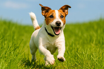 Happy Jack Russell Terrier Dog Running Energetically in Green Grass