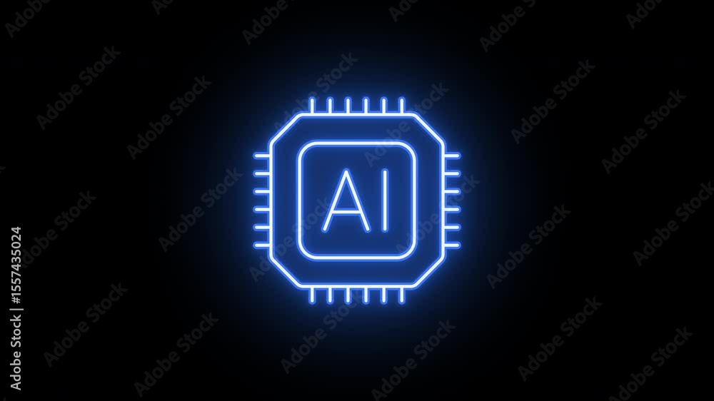 Poster neon ai microchip icon, flickering emergence and fading. glowing neon computing processor icon, loop