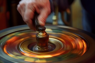 Obraz premium close-up of hand pulling lever on a vintage slot machine, spinning reels in motion blur, retro casino feel 