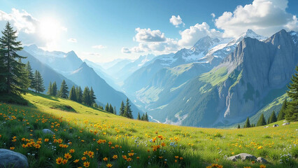 Beautiful summer landscape with a view of snow-capped mountain peaks. Alpine flowering meadow with bright colorful flowers on a mountain slope.