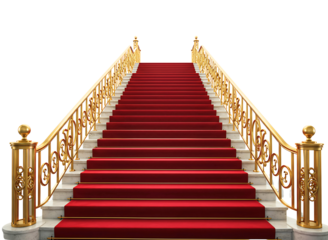 Elegant golden staircase with red carpet isolated on transparent background