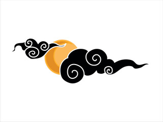 Tibetan sky. Smoke. Black Asian cloud with moon, sun and stars. Japanese Korean Chinese cloud style. Asian traditional ornaments. Vector illustration