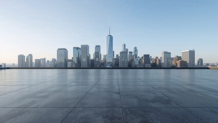 Empty square floor and city skyline with building background