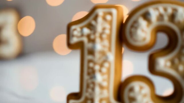 Gingerbread number thirteen decorated with white icing and silver dragees on a white surface against bokeh lights