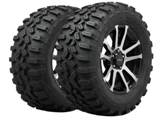 Two rugged off road atv tires with aggressive tread patterns isolated on transparent background
