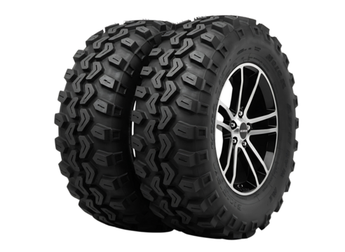 Two rugged off road atv tires with aggressive tread patterns isolated on transparent background