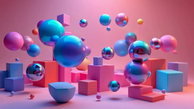 Colorful floating glossy spheres and cubes in pink abstract space with vibrant reflection create playful futuristic atmosphere and dynamic scene