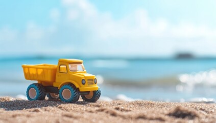 Yellow toy truck on sandy beach, ocean background