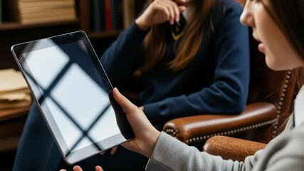 Two young women actively discuss information on a digital tablet within a traditional study environment. - Powered by Adobe