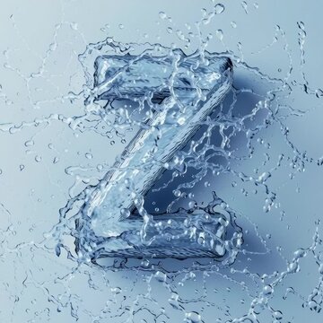 Flowing liquid water letter Z formed with splashing transparent droplets on light blue background in slow motion elegance