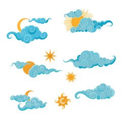Tibetan sky. Set Blue Asian cloud with moon, sun and stars. Japanese Korean Chinese cloud style. Asian traditional ornaments. Vector illustration