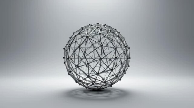 Abstract network sphere with interconnected metal nodes and lines casting soft shadow smooth surface, symbolizing modern technology and communication